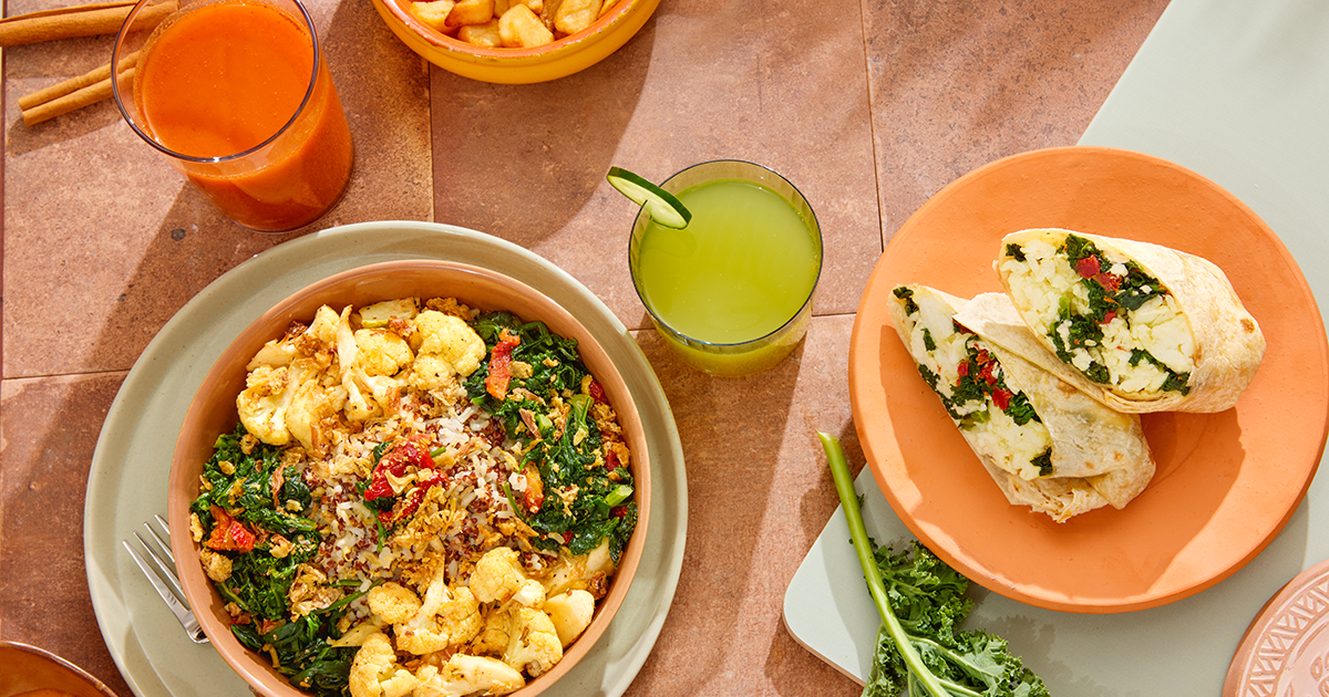 Rachel's Kitchen cauliflower chipotle grain bowl, spinach feta & egg white wrap, apple spice juice and cucumber ginger lemonade